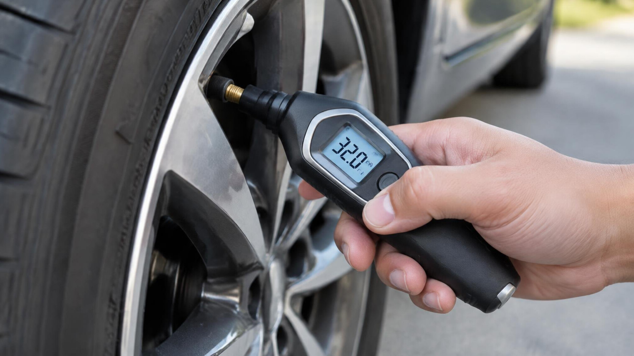 Checking tire pressure with a gauge