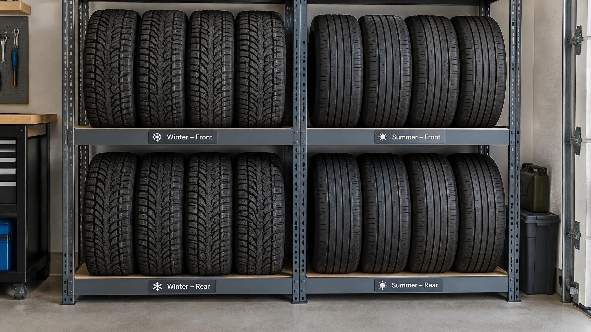 Stack of tires stored in a dry garage