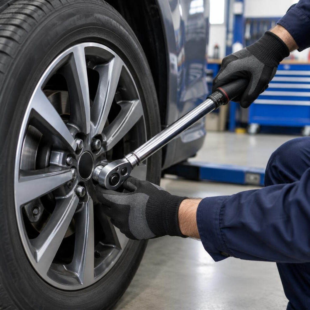 Technician using a tool on a wheel