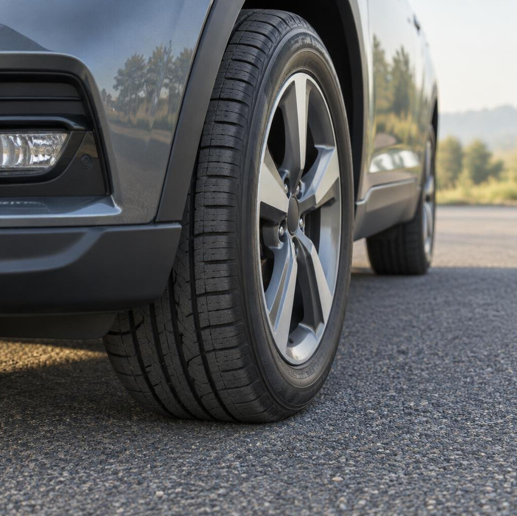 Car front wheel on an asphalt road