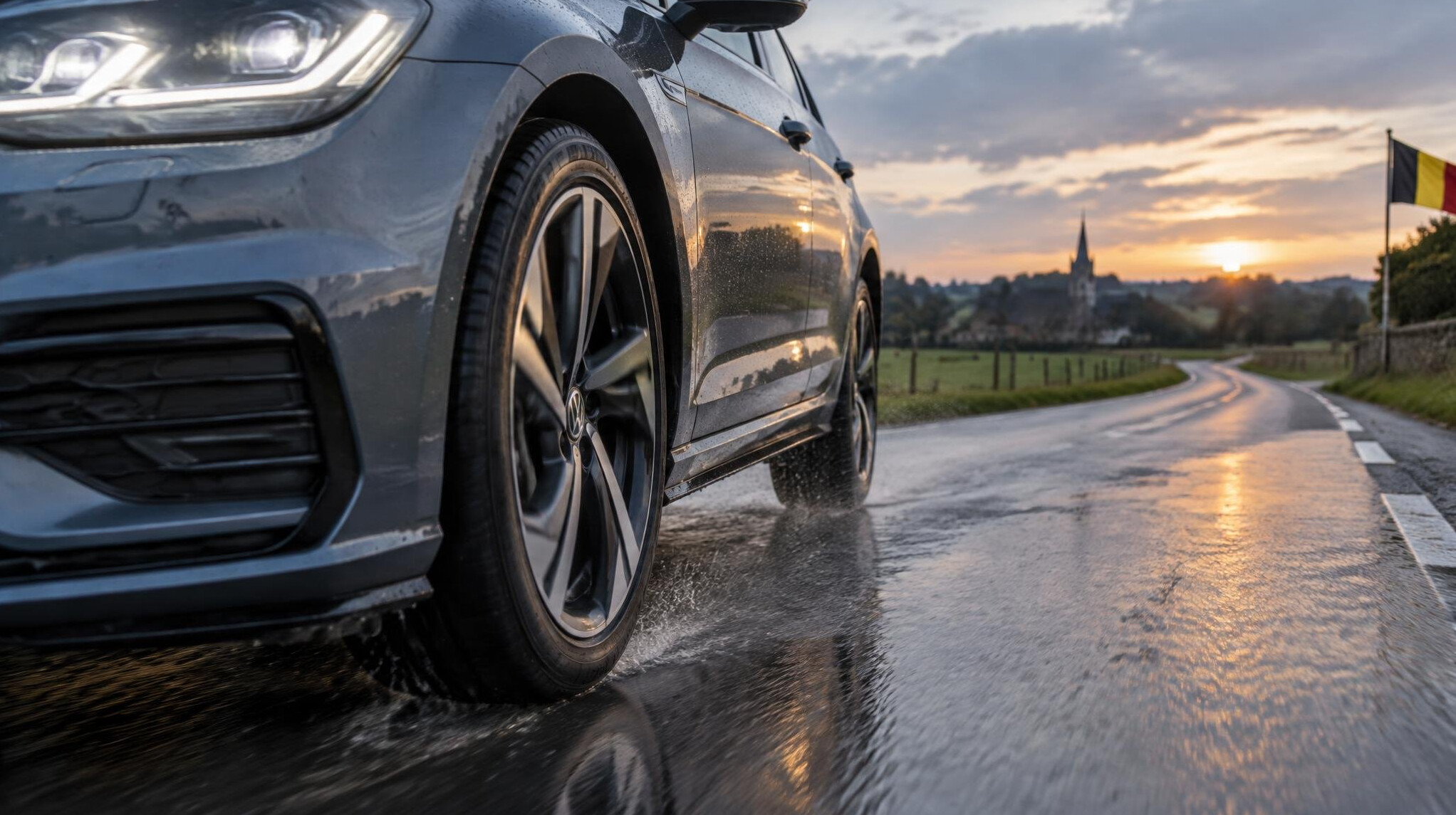 Car driving on a wet road with well-maintained tires